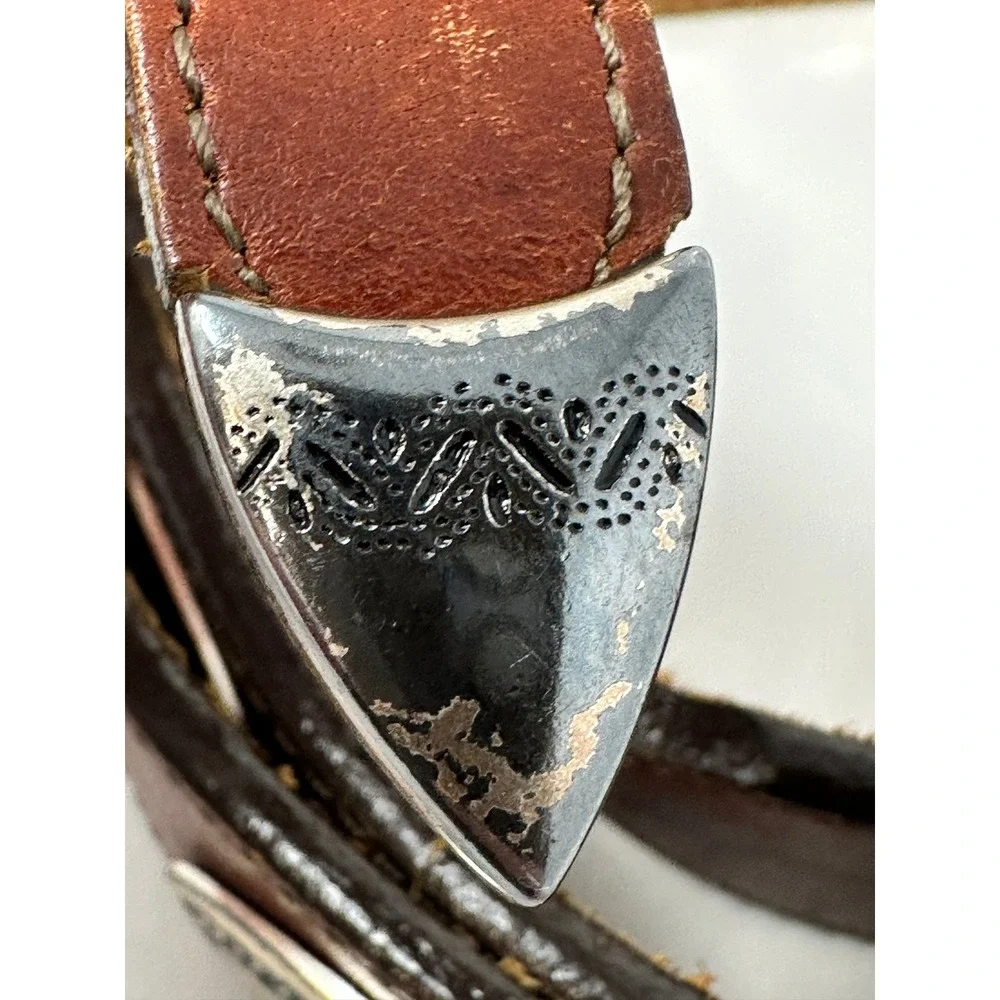 Brighton Vintage Brown Leather Western Concho Belt Silver Engraved Buckle Womens
